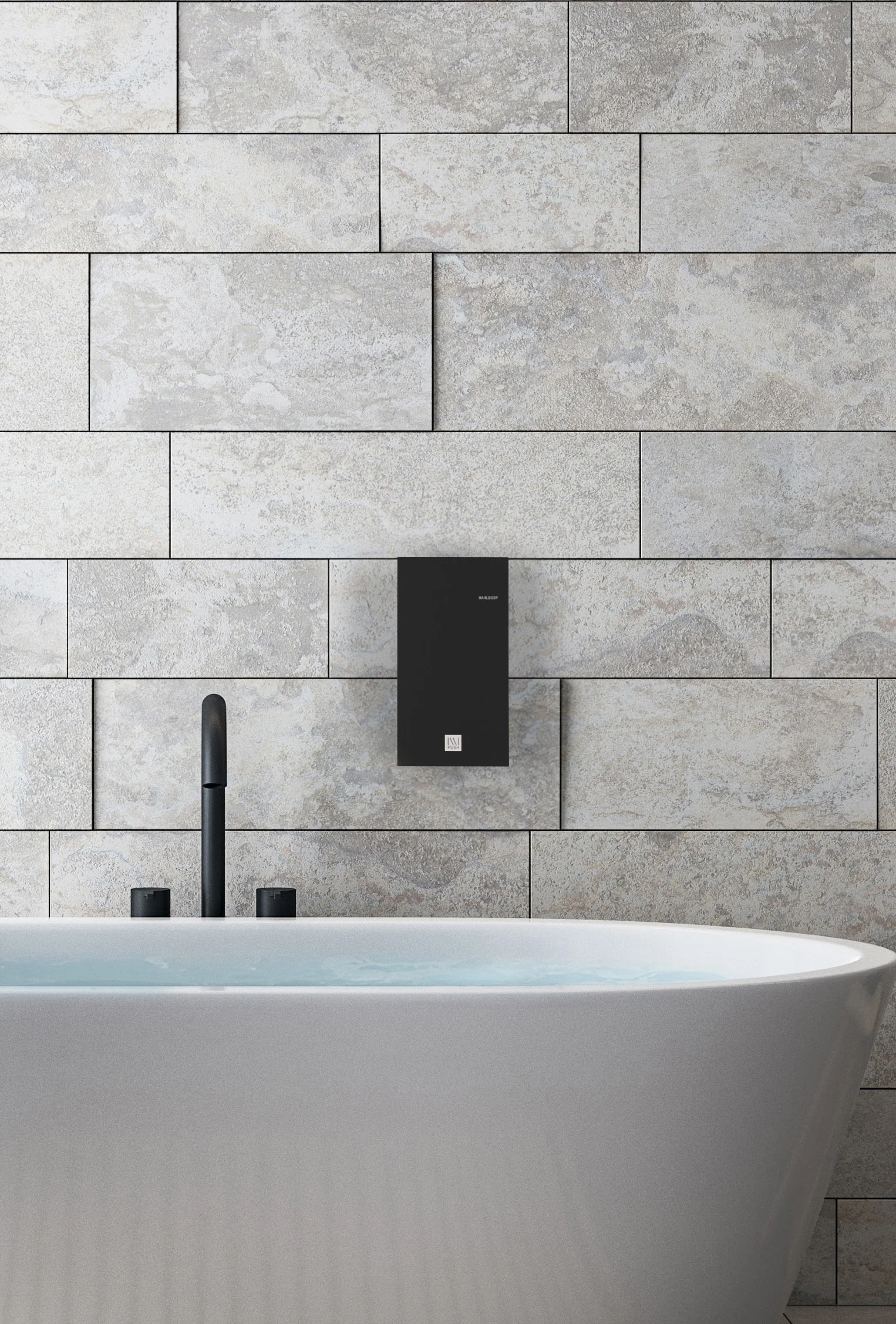 Black ILLI 1 dispenser mounted on a stone wall, above a bathtub