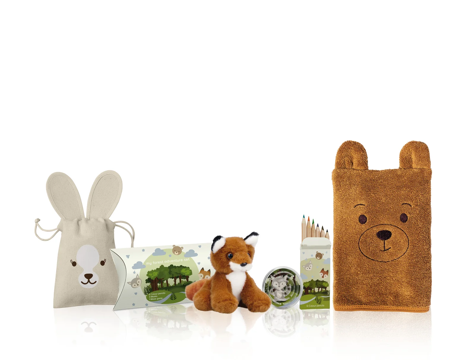 Set pentru copii My Forest Friends: săculeț în formă de iepure, vulpe de pluș și prosop cu urechi de urs