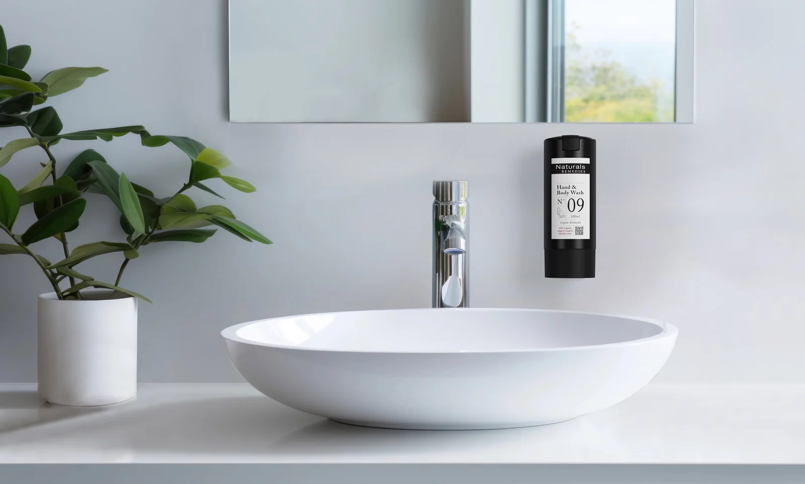 Black Naturals Remedies SmartCare MINI dispenser above a white basin, next to a plant