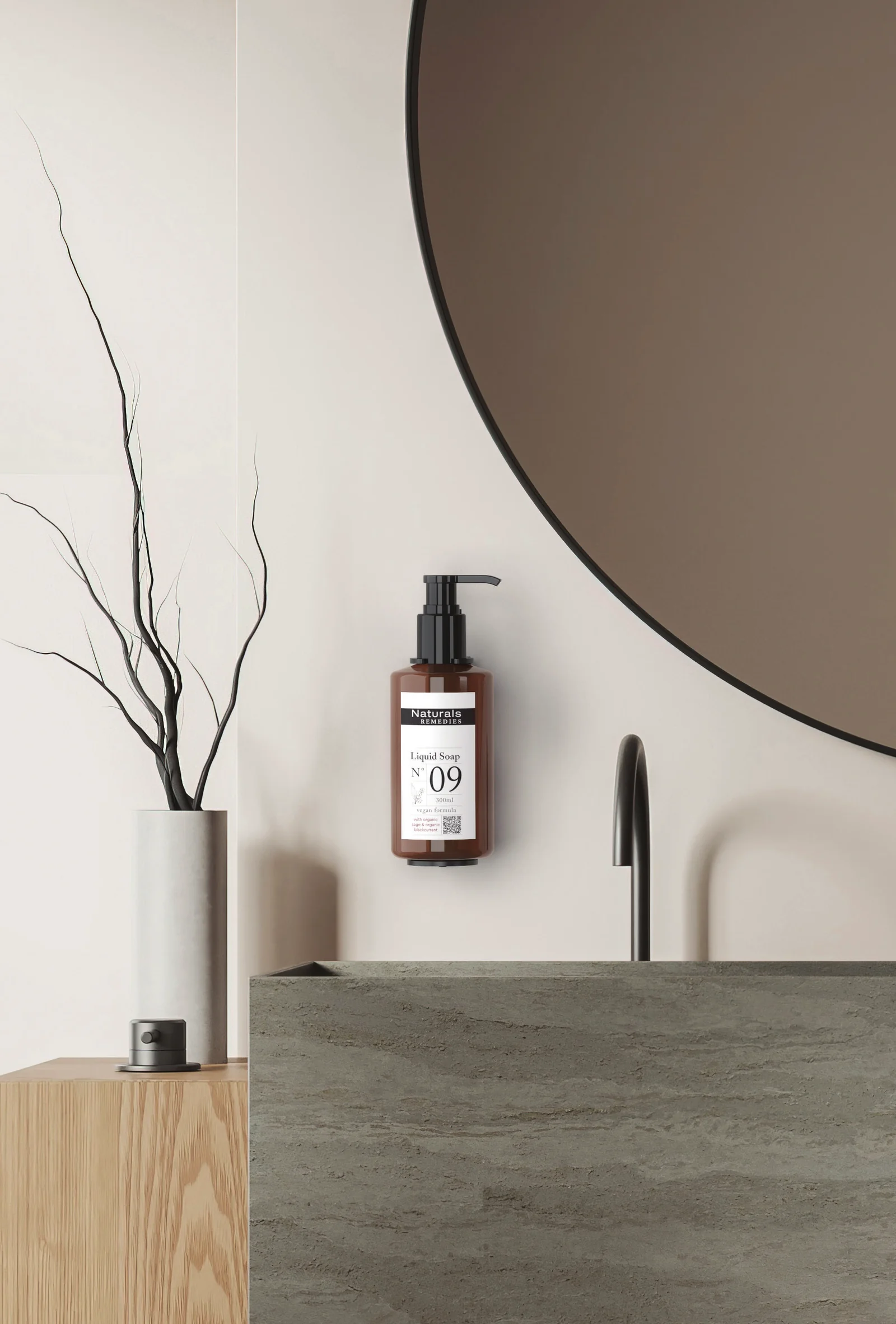 Pump Dispenser bottle, Naturals Remedies, in a wall bracket next to a stone basin