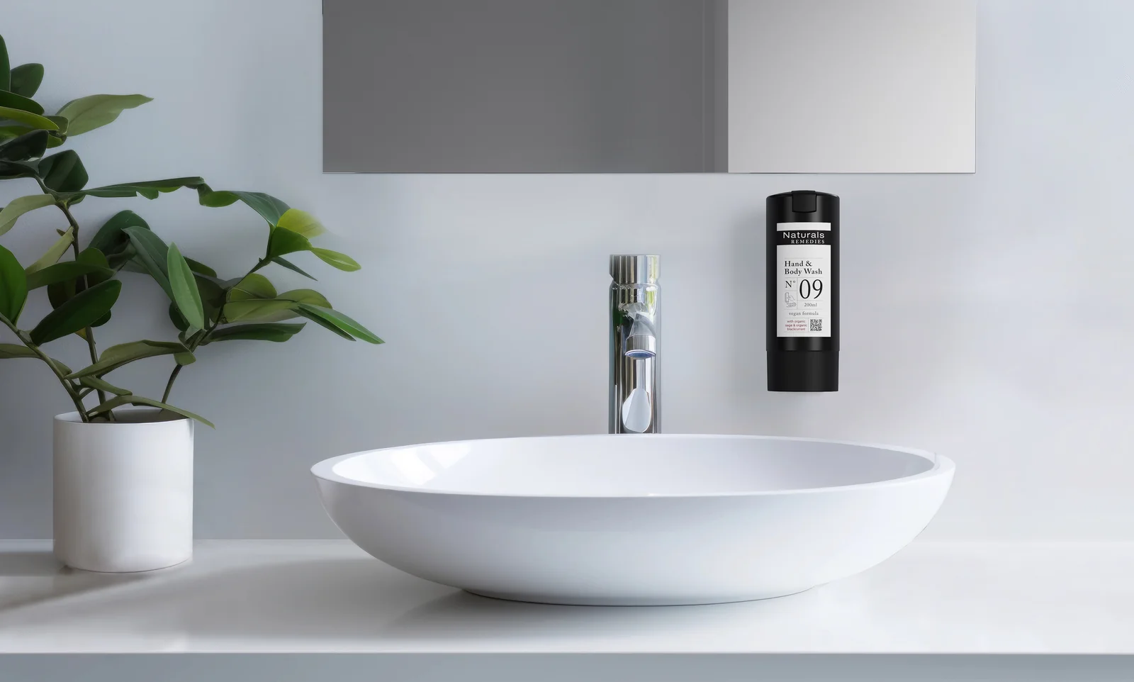 Black SmartCare MINI dispenser, Naturals Remedies, mounted on the wall next to the tap, above a white basin