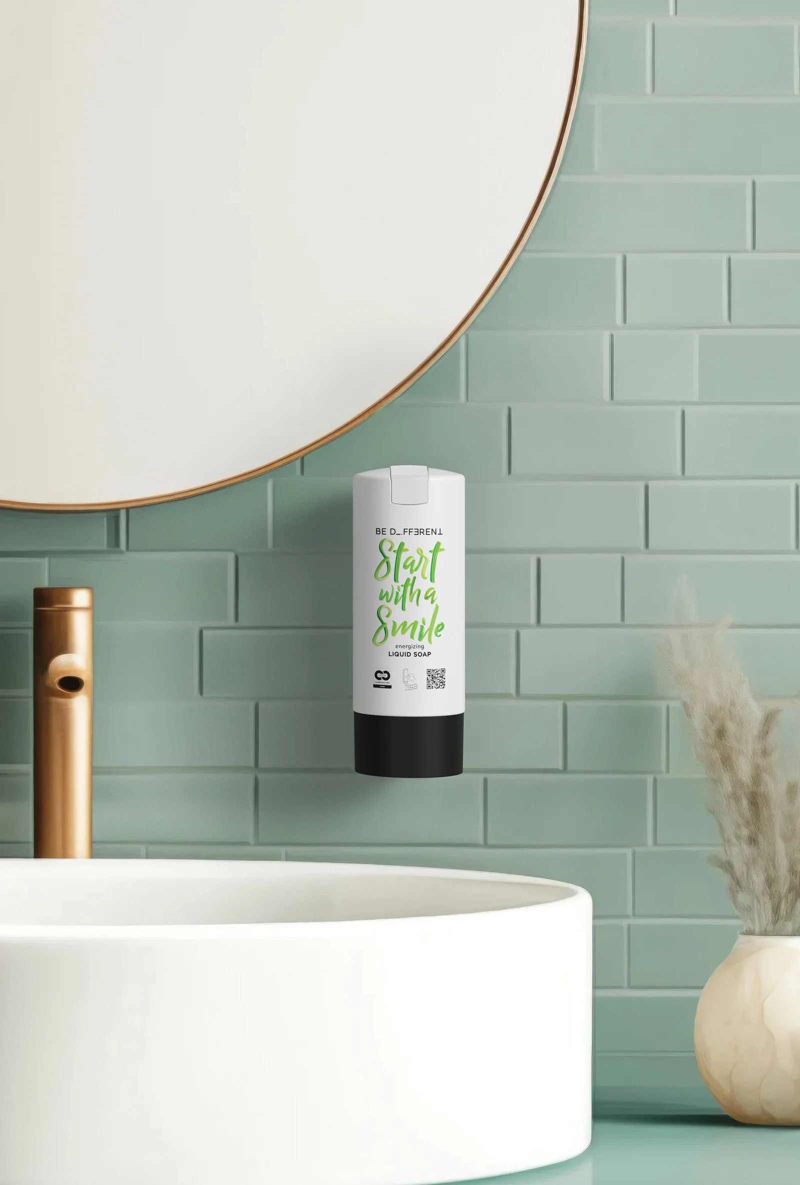 Dozator SmartCare MINI alb Be Different montat pe faianța verde a unei băi, deasupra lavoarului