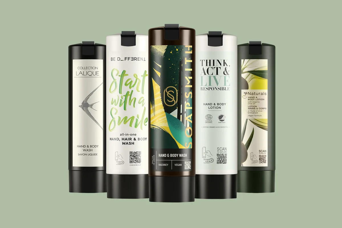 SmartCare dispensers with Lalique, Be Different, Soapsmith, Think Act & Live Responsible and Naturals