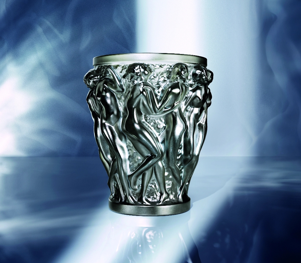 Lalique Bacchantes vase in bronze crystal under blue light